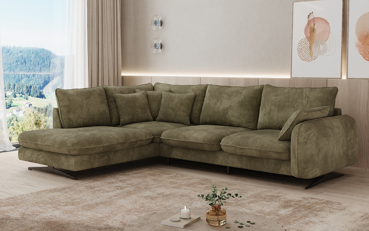 Designer corner sofa Laguna with metal feet in Corduroy