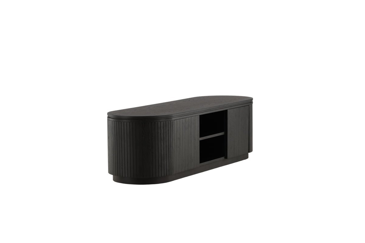 Designer TV lowboard Sundby – Black in oak look with slatted front