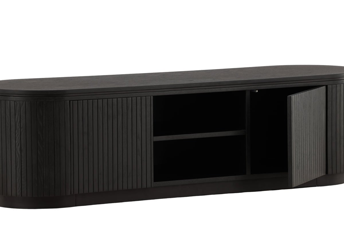 Designer TV lowboard Sundby – Black in oak look with slatted front