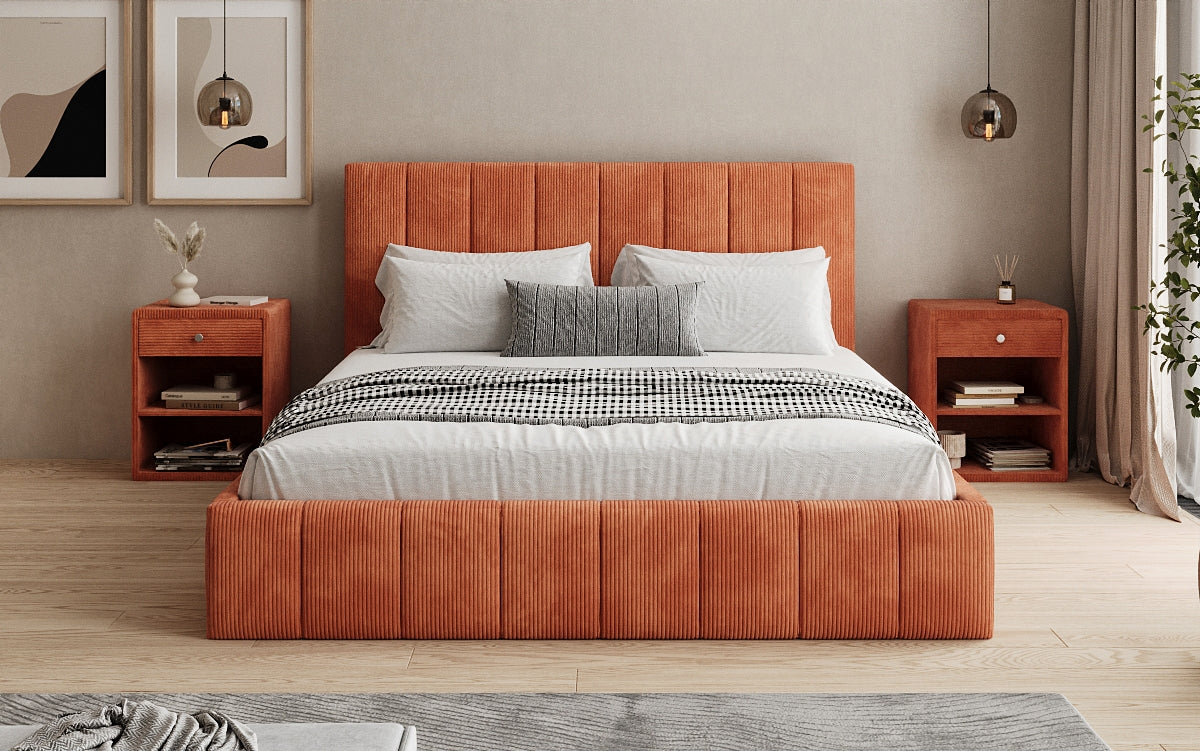 Designer upholstered bed Maja in Corduroy with storage