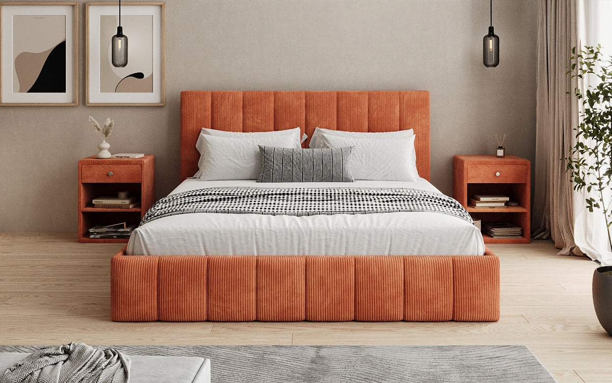 Designer upholstered bed Mila in Corduroy with storage