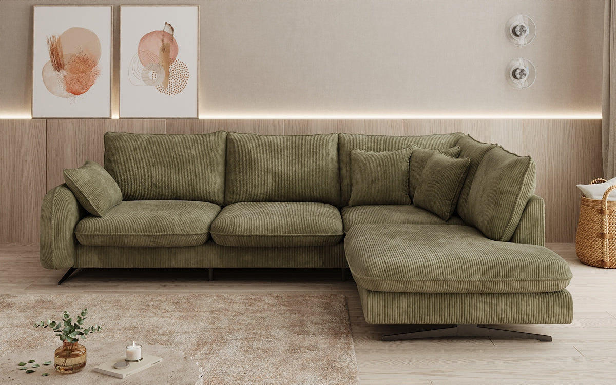 Designer corner sofa Laguna with metal feet in Corduroy
