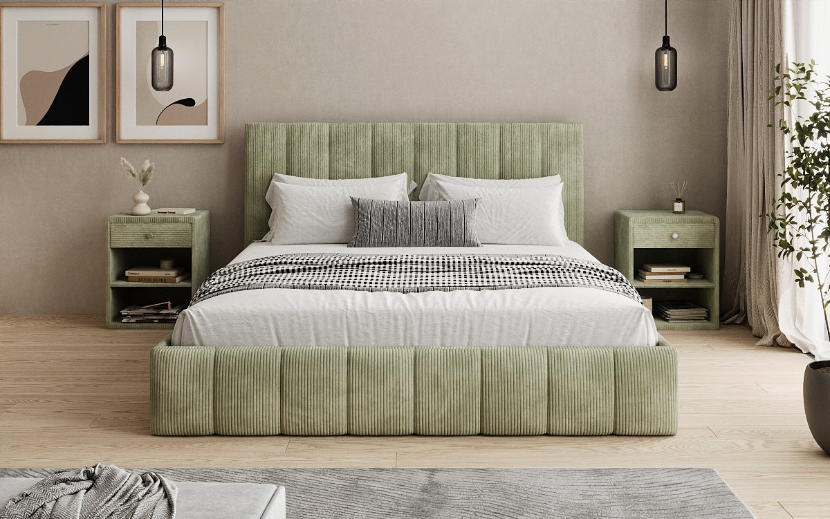 Designer upholstered bed Mila in Corduroy with storage