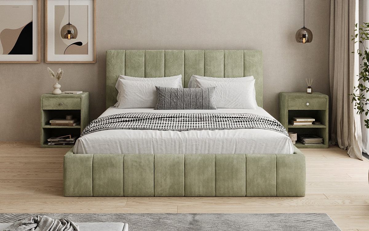 Designer upholstered bed Maja in Corduroy with storage