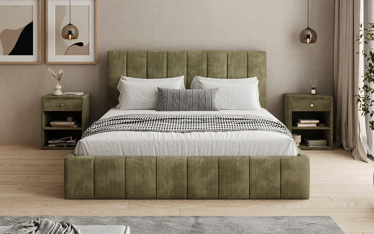 Designer upholstered bed Maja in Corduroy with storage