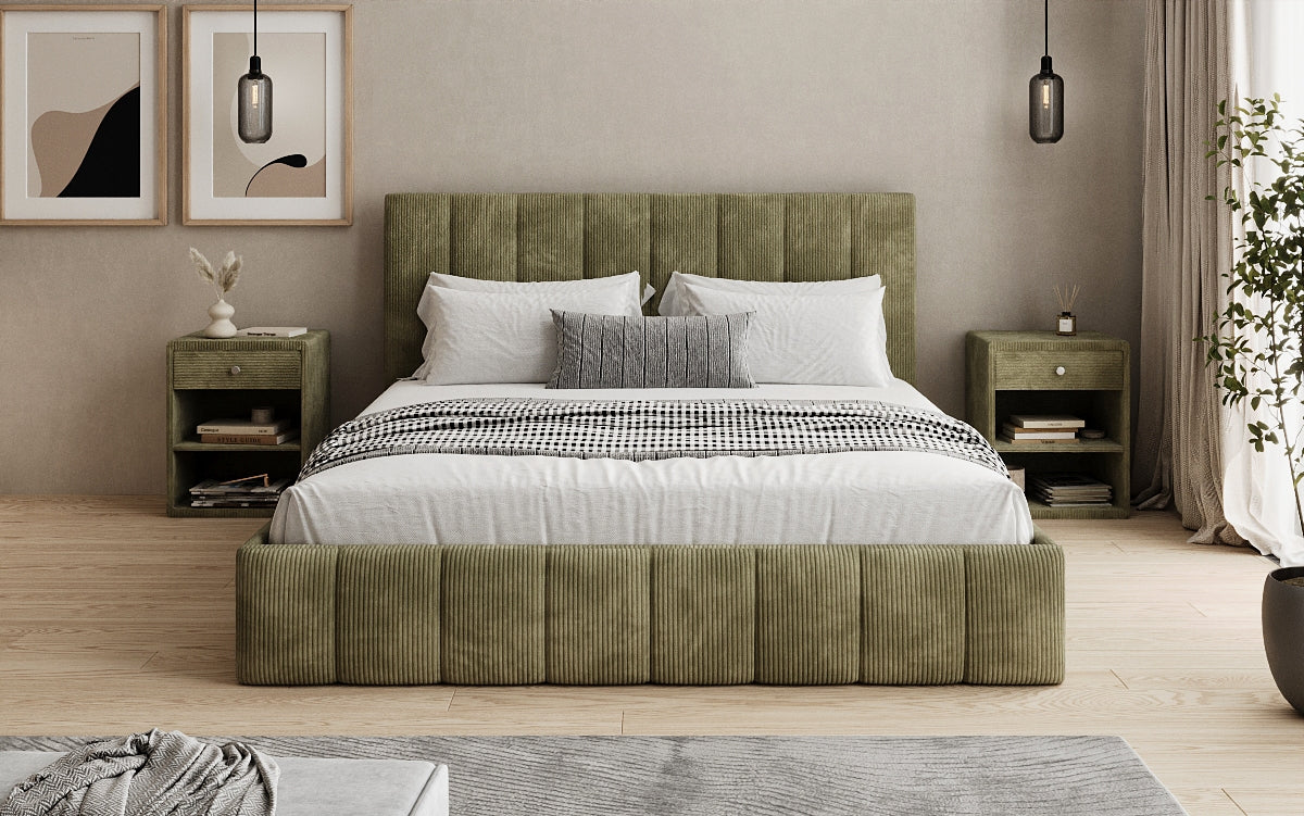 Designer upholstered bed Mila in Corduroy with storage