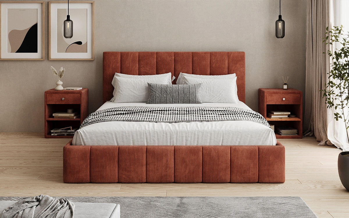 Designer upholstered bed Mila in Corduroy with storage