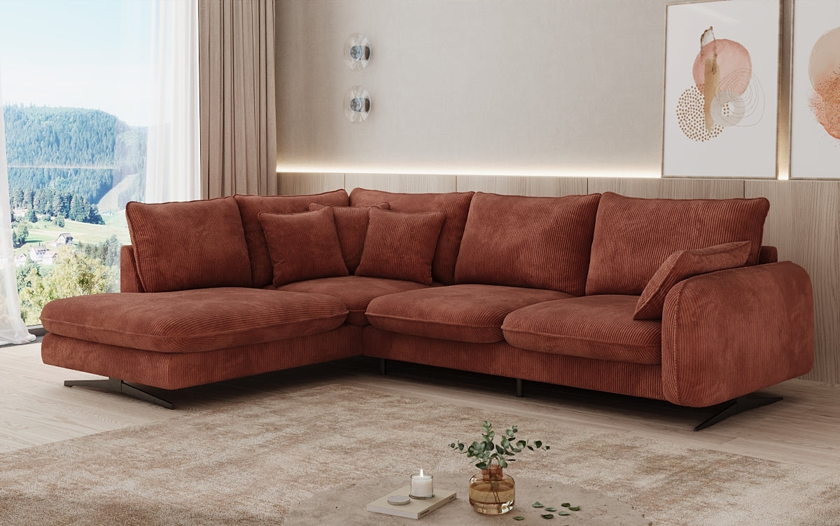 Designer corner sofa Laguna with metal feet in Corduroy