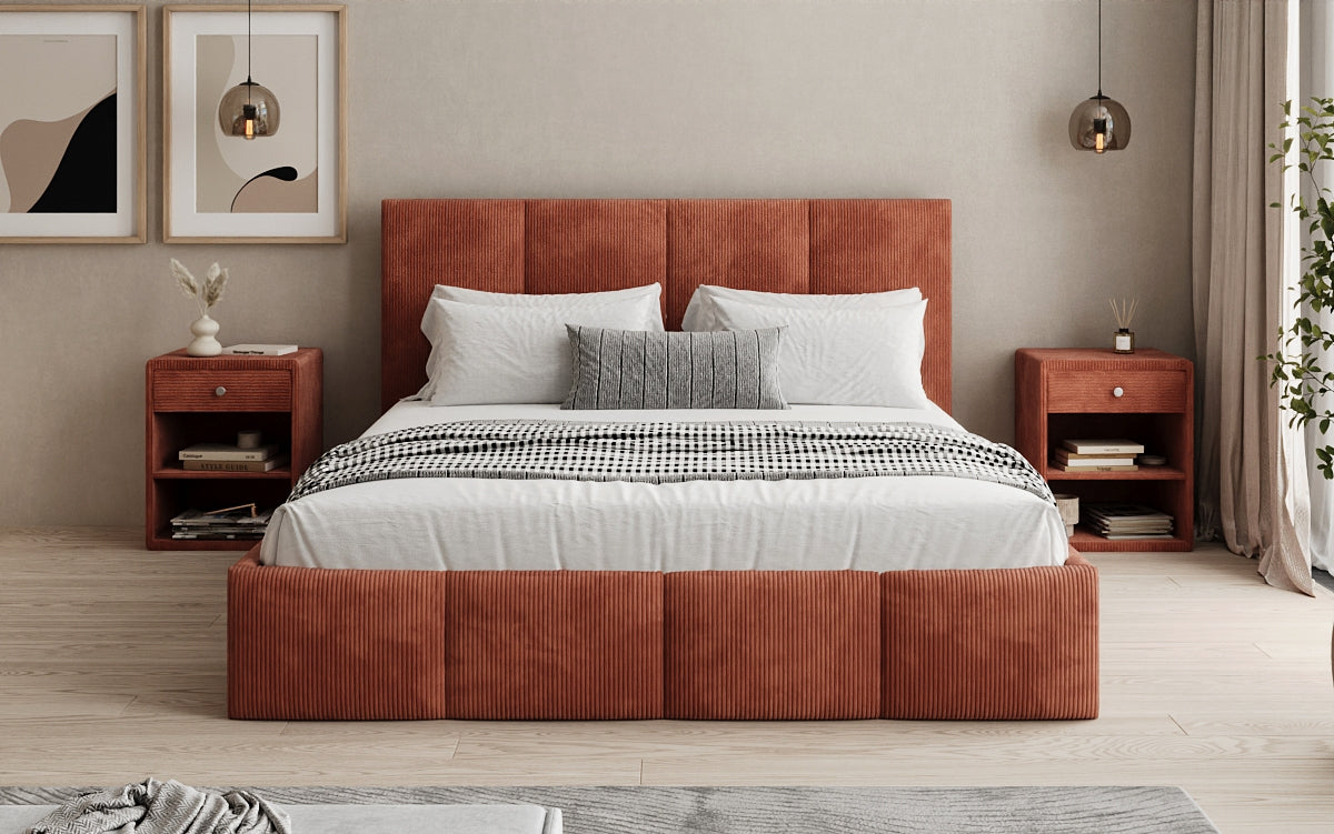 Designer upholstered bed Mina in Corduroy with storage space