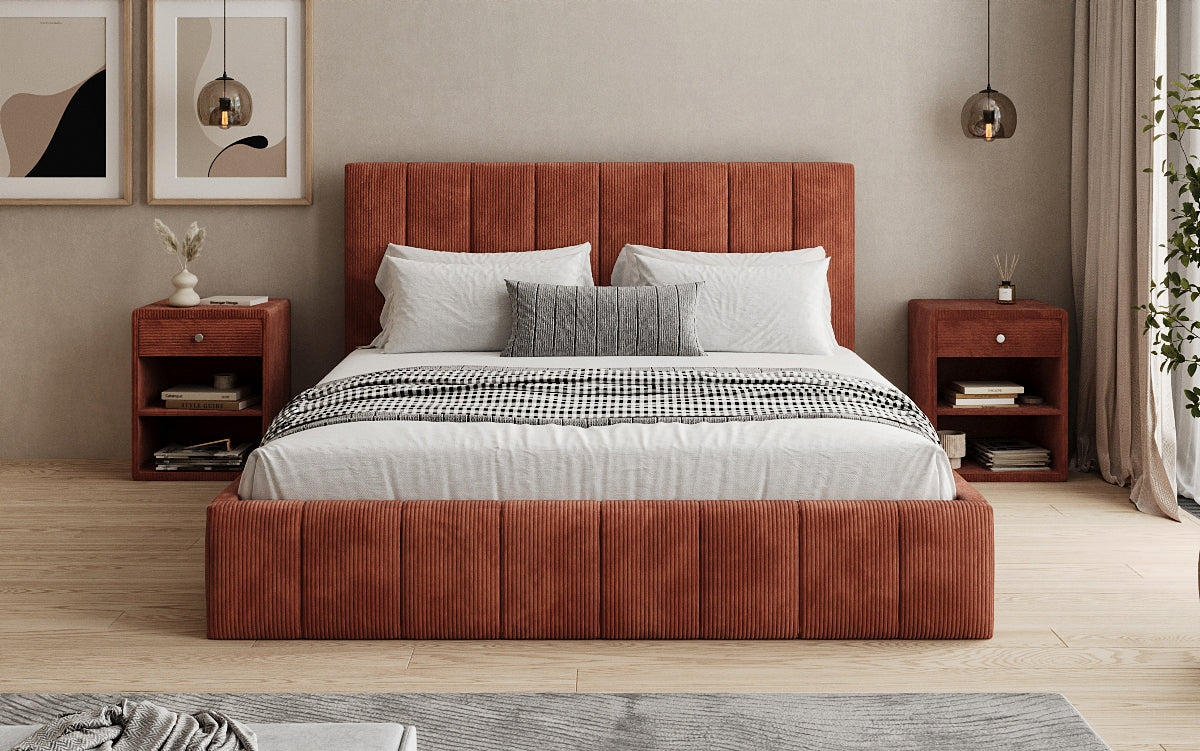 Designer upholstered bed Maja in Corduroy with storage