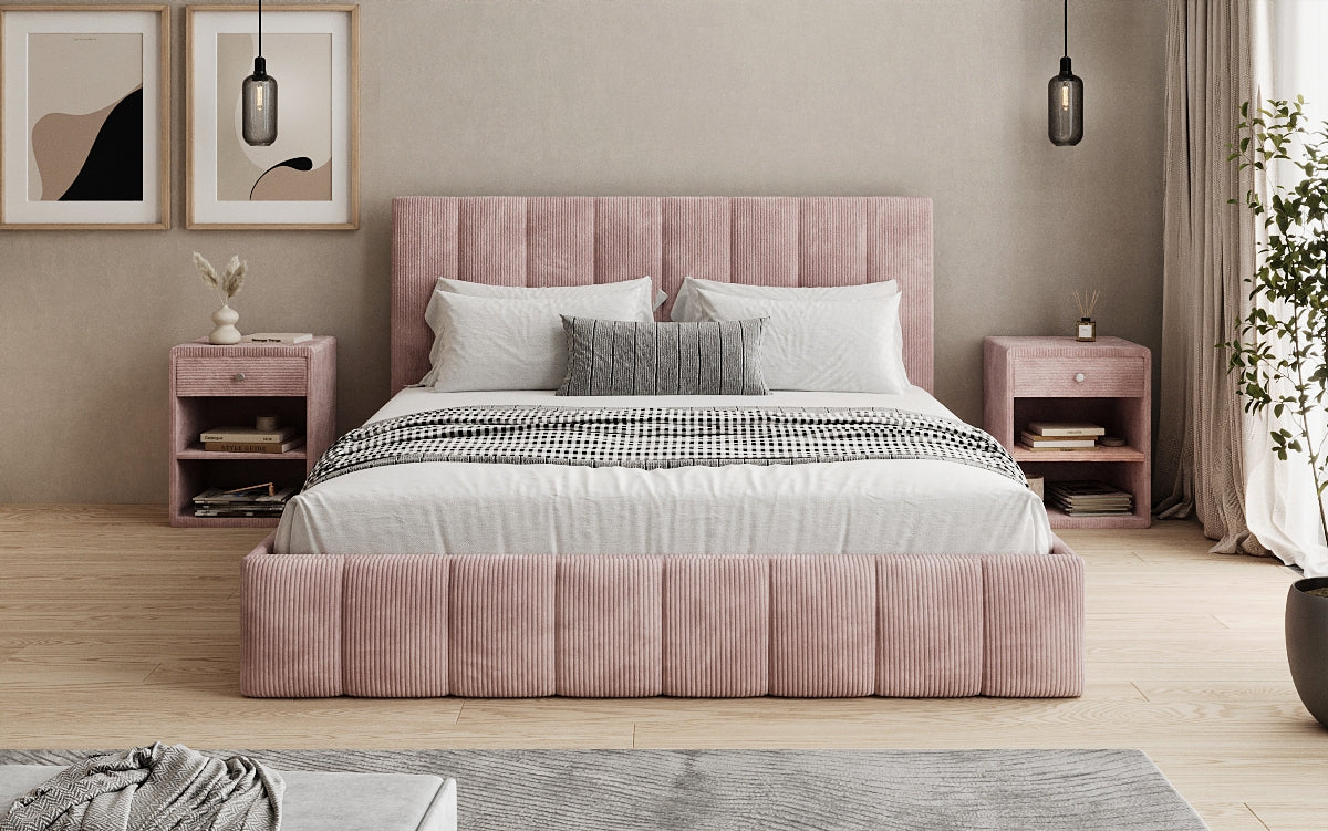 Designer upholstered bed Mila in Corduroy with storage