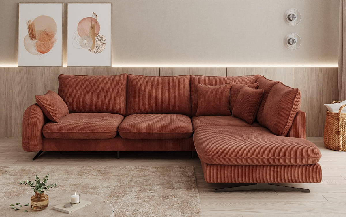 Designer corner sofa Laguna with metal feet in Corduroy