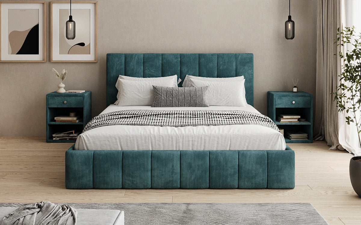 Designer upholstered bed Mila in Corduroy with storage