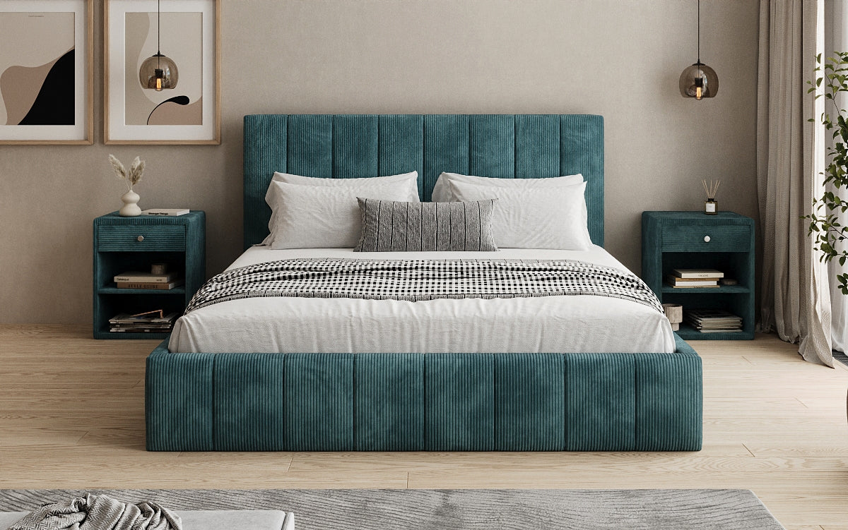 Designer upholstered bed Maja in Corduroy with storage