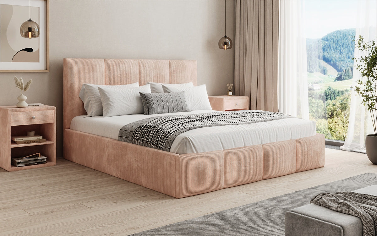 Designer upholstered bed Mina in Corduroy with storage space