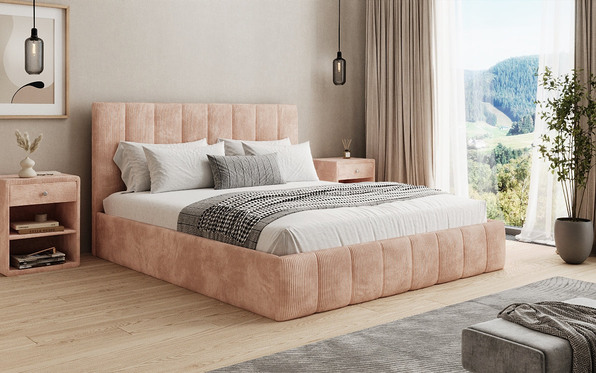 Designer upholstered bed Mila in Corduroy with storage