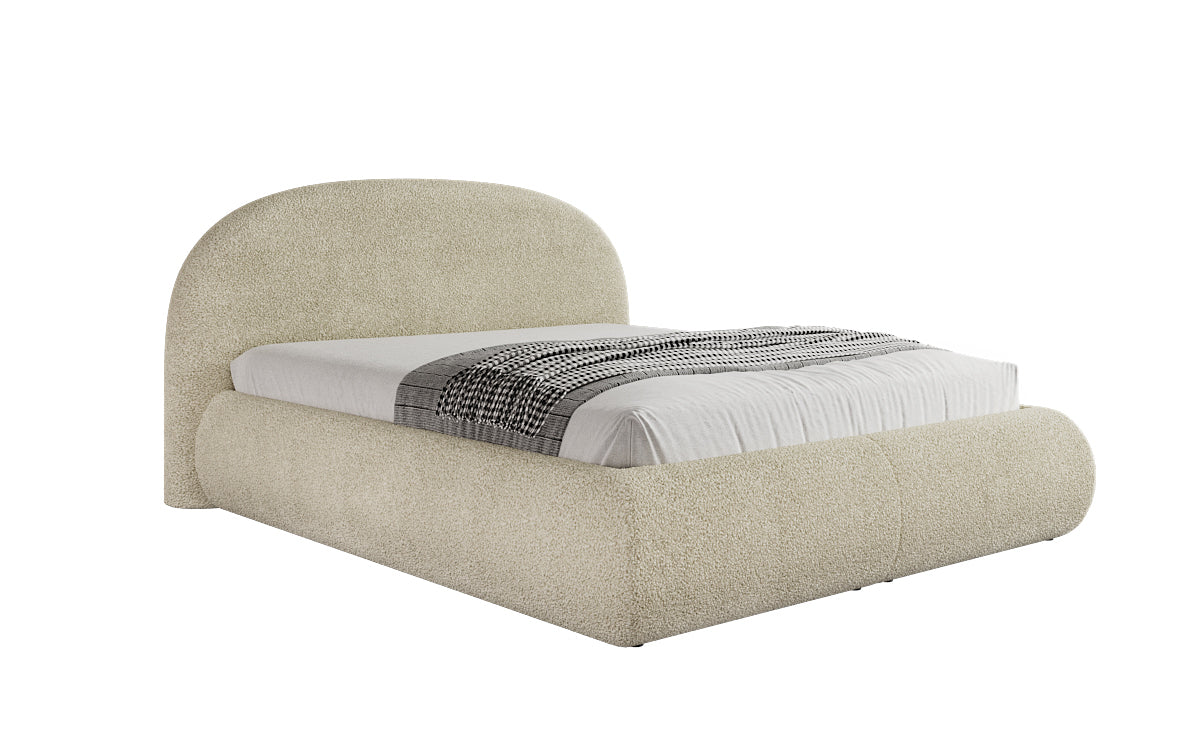 Designer upholstered bed Loop in teddy bouclé with storage space