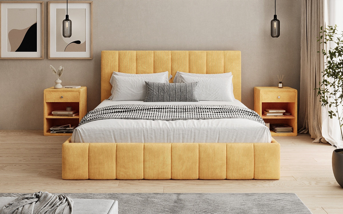 Designer upholstered bed Mila in Corduroy with storage