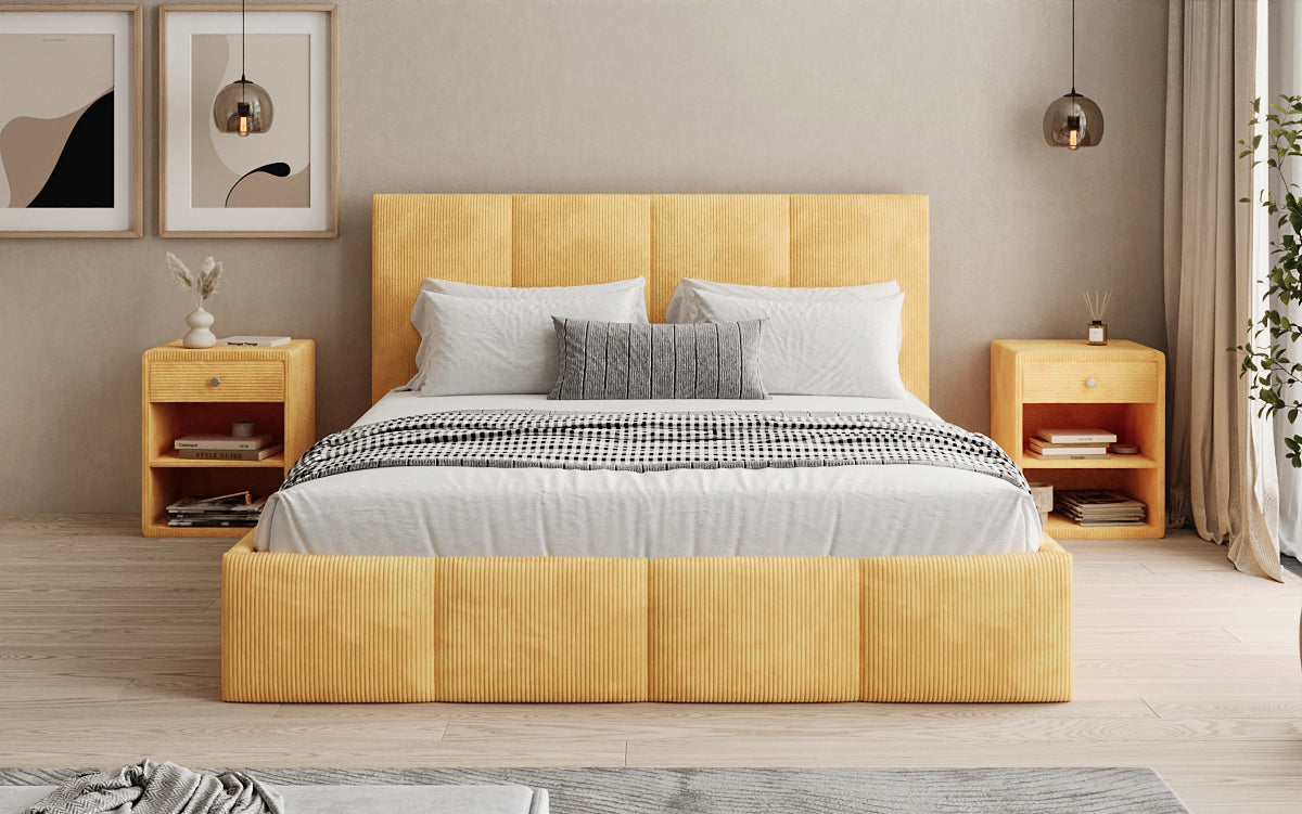 Designer upholstered bed Mina in Corduroy with storage space