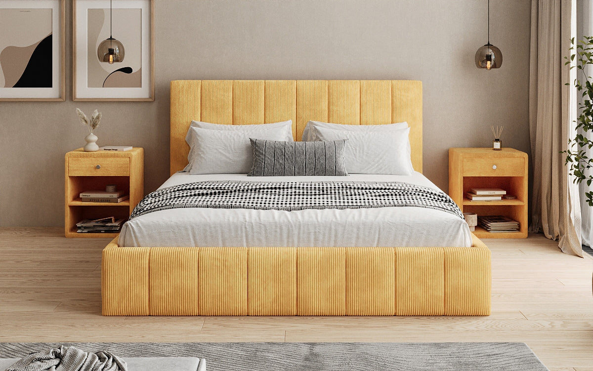 Designer upholstered bed Maja in Corduroy with storage