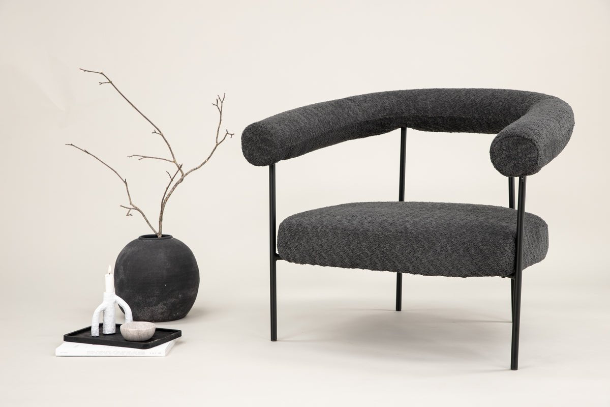 Designer Loungesessel Haga – Anthrazit, Bouclé mit Stahlgestell