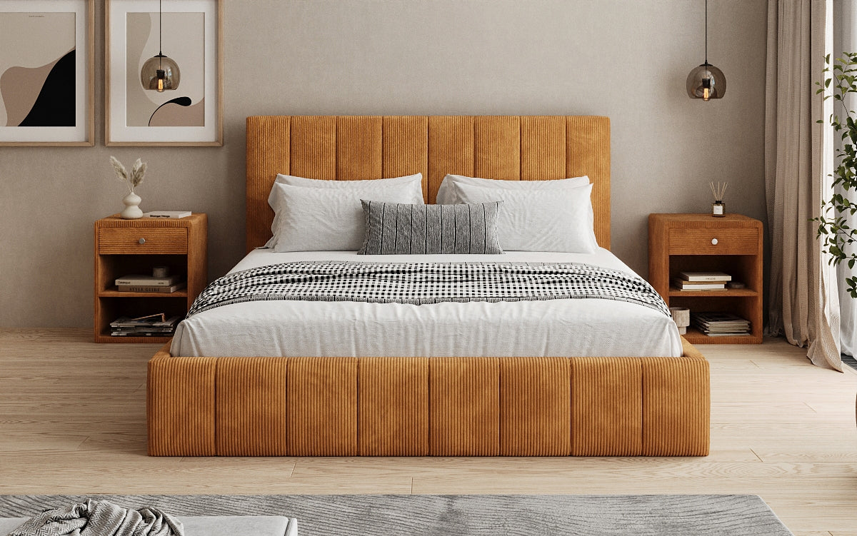 Designer upholstered bed Maja in Corduroy with storage