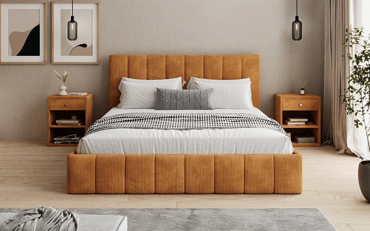 Designer upholstered bed Mila in Corduroy with storage