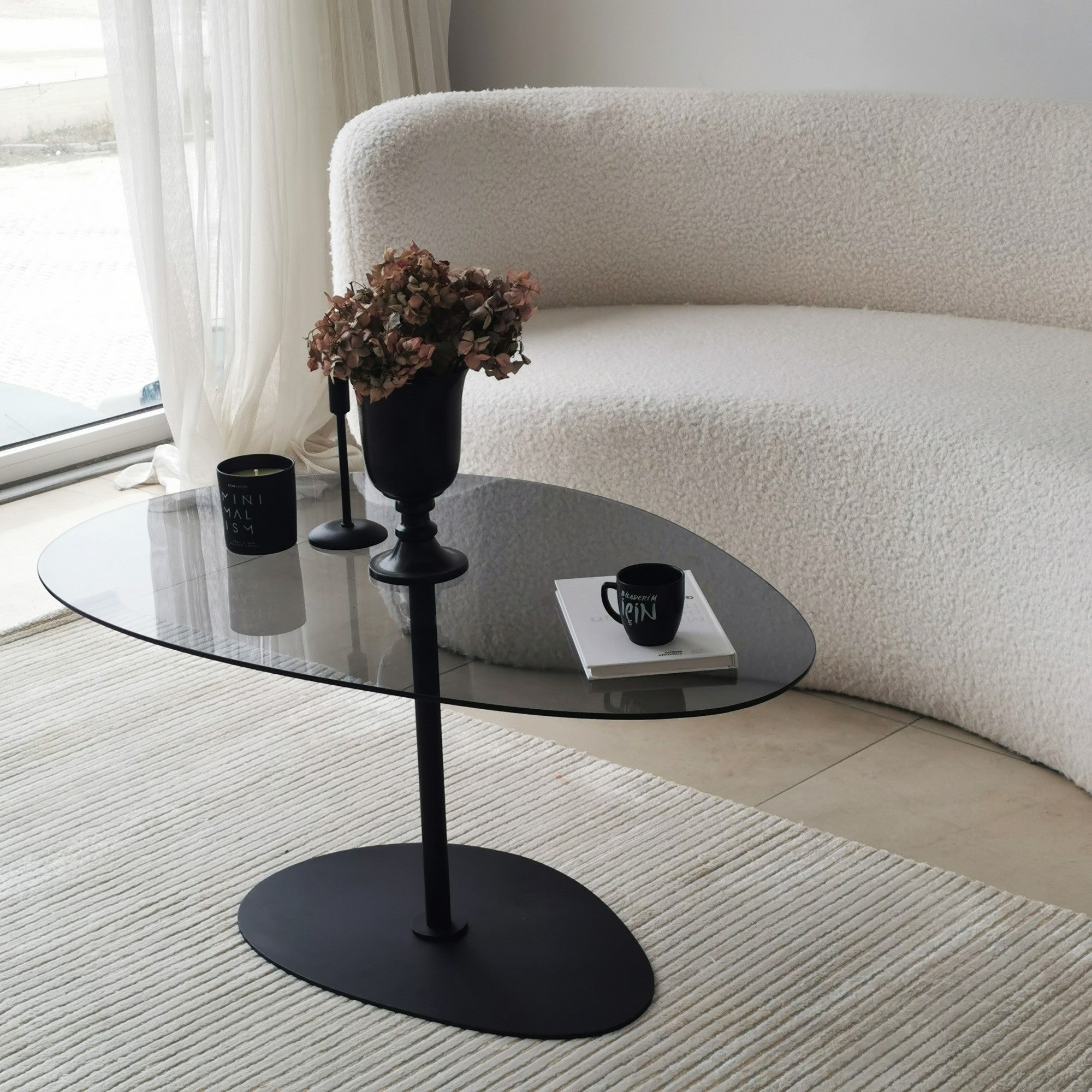 Dovira Coffee Table - with Glass Top and Black Metal Frame