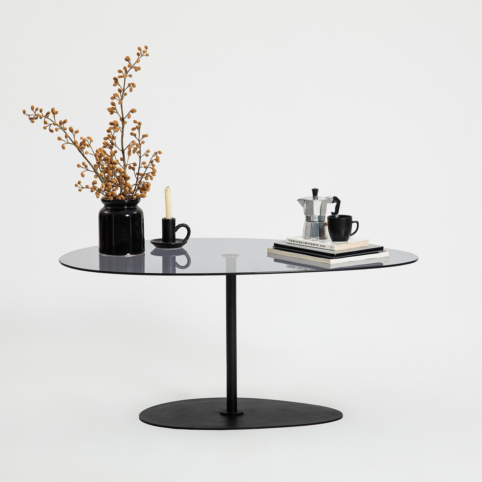 Dovira Coffee Table - with Glass Top and Black Metal Frame