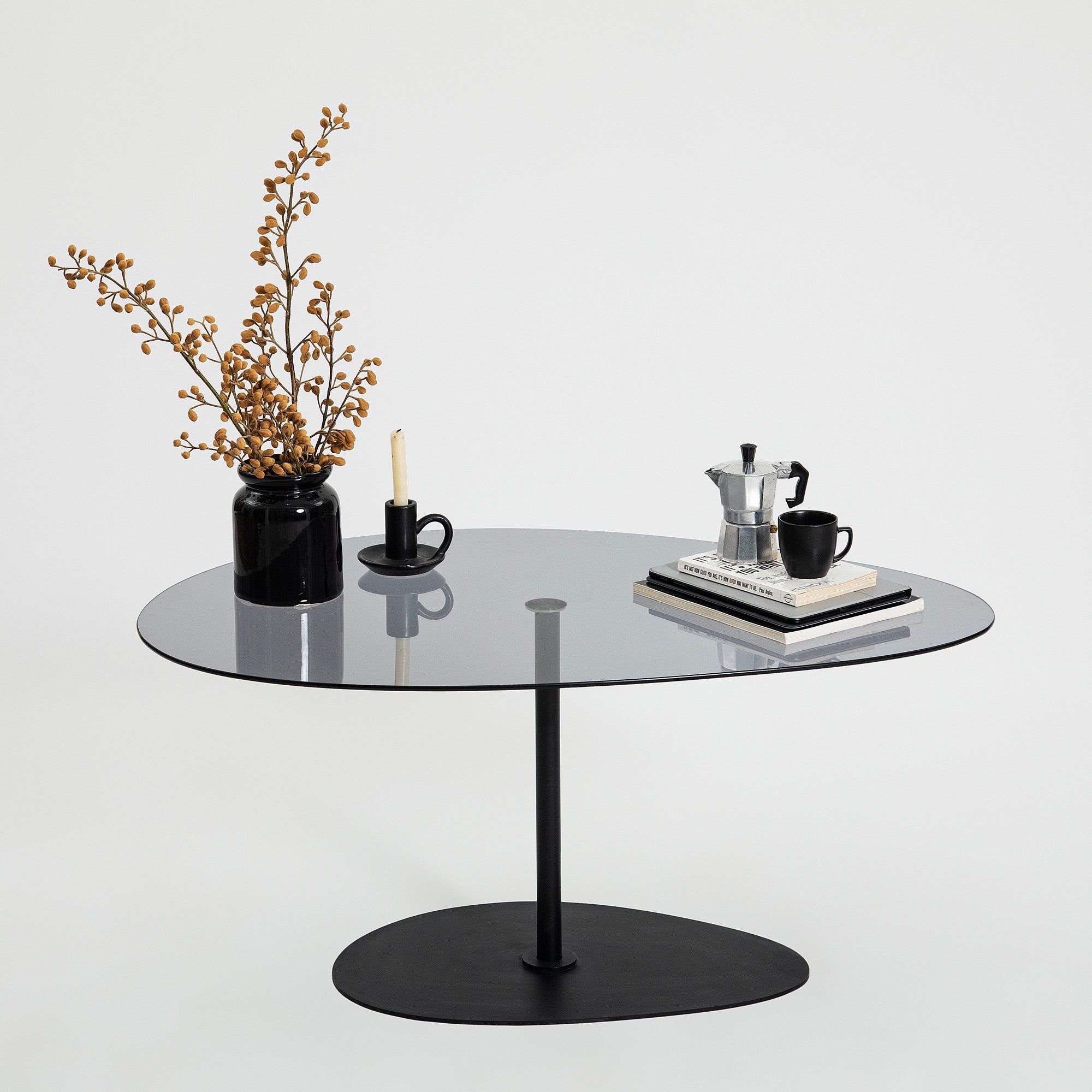 Dovira Coffee Table - with Glass Top and Black Metal Frame