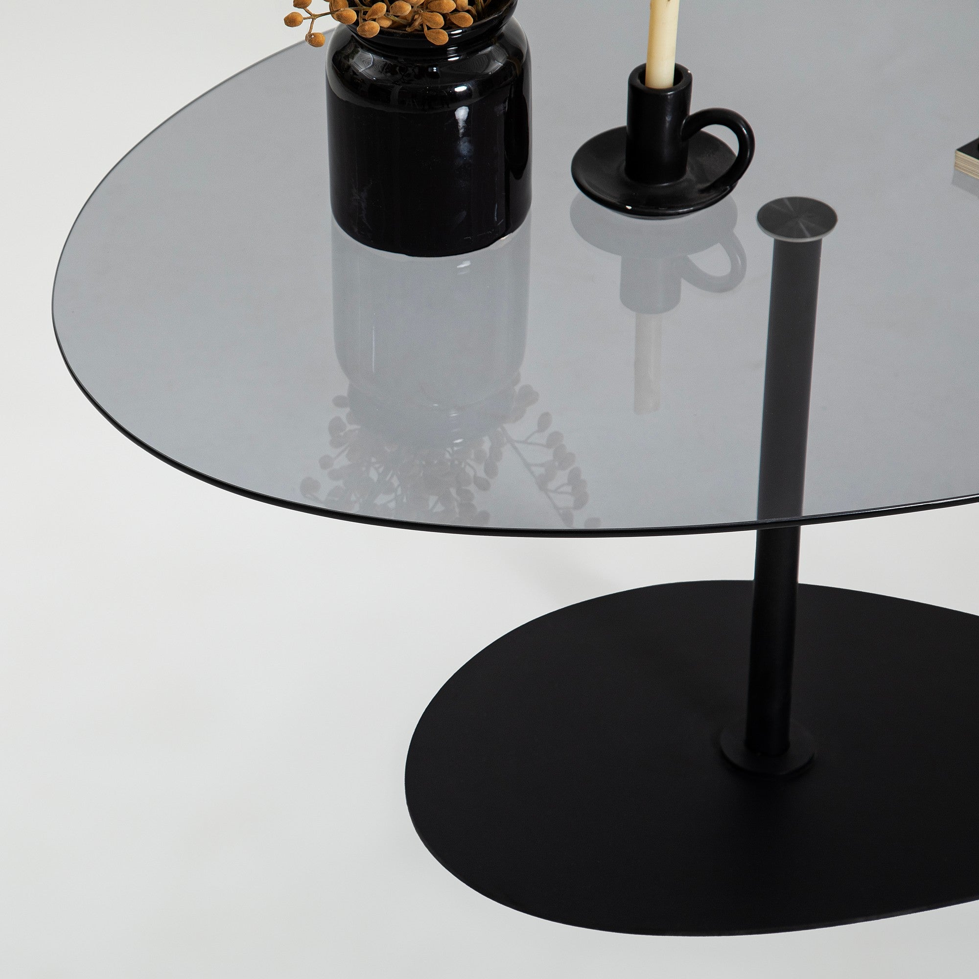 Dovira Coffee Table - with Glass Top and Black Metal Frame