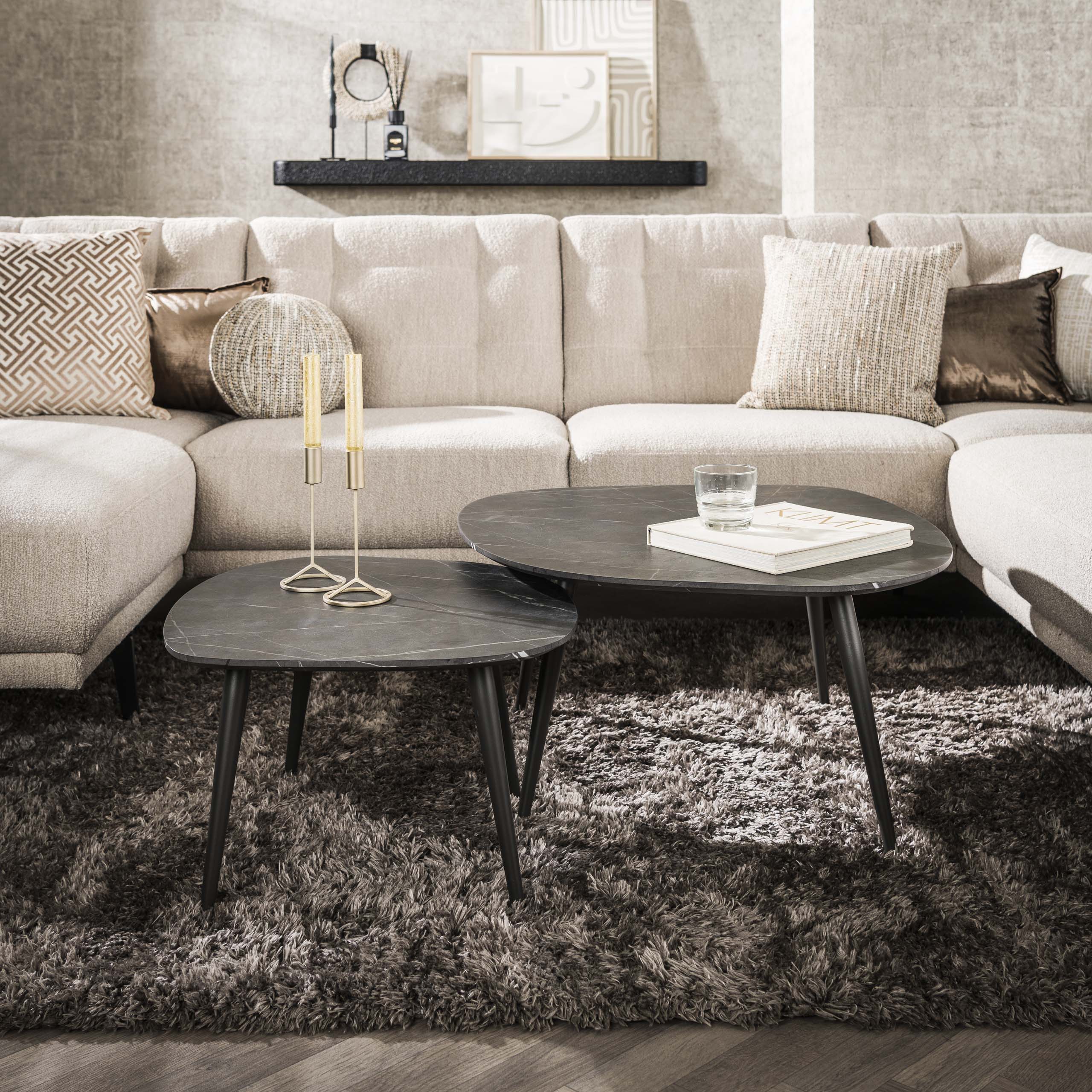 Couchtisch Virelle - 2er Set aus Melamin in Keramikoptik und einem Gestell aus Stahl