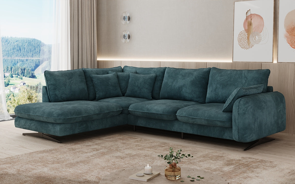 Designer corner sofa Laguna with metal feet in Corduroy