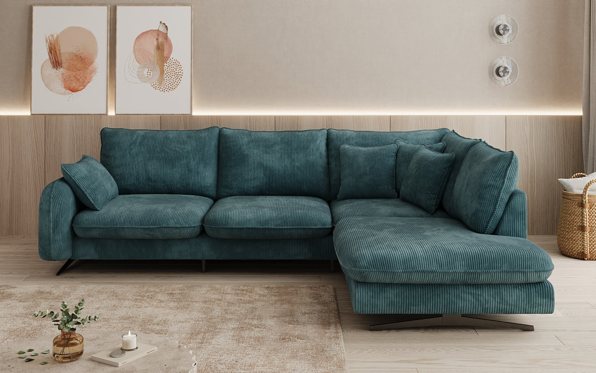 Designer corner sofa Laguna with metal feet in Corduroy