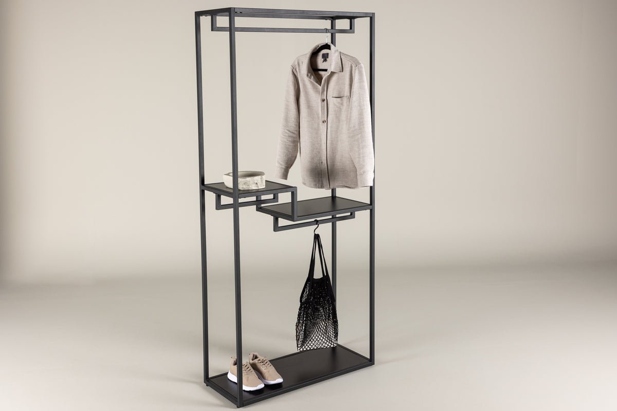 Wardrobe Lerano – Open Clothes Rack in Black with Shelves
