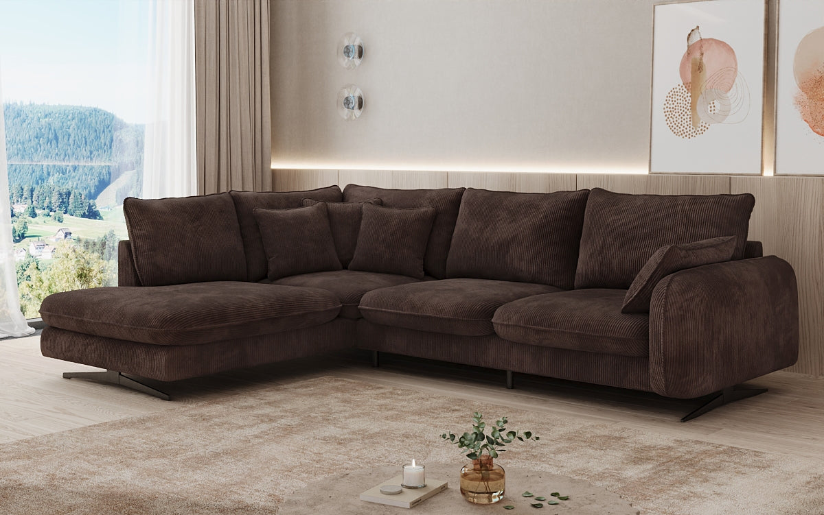 Designer corner sofa Laguna with metal feet in Corduroy