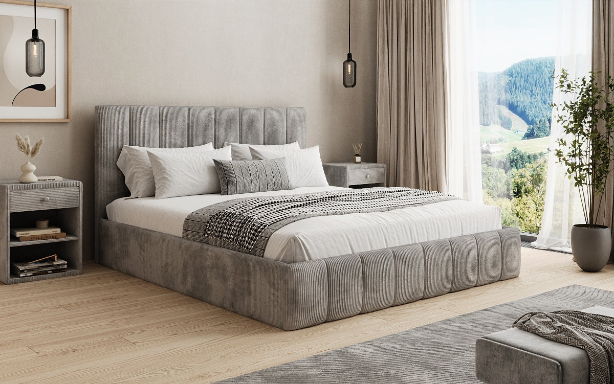 Designer upholstered bed Mila in Corduroy with storage