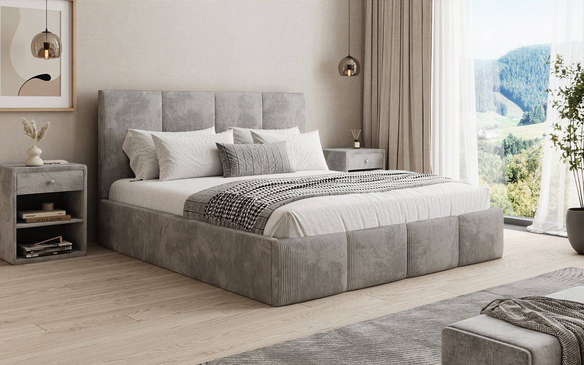 Designer upholstered bed Mina in Corduroy with storage space
