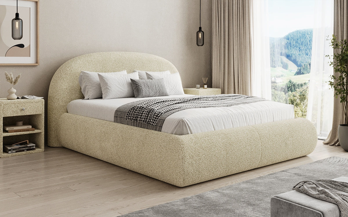 Designer upholstered bed Loop in teddy bouclé with storage space