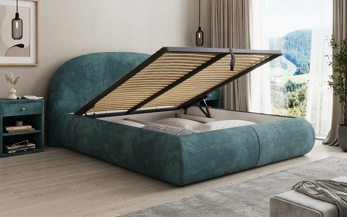 Designer upholstered bed Loop in Corduroy with storage space