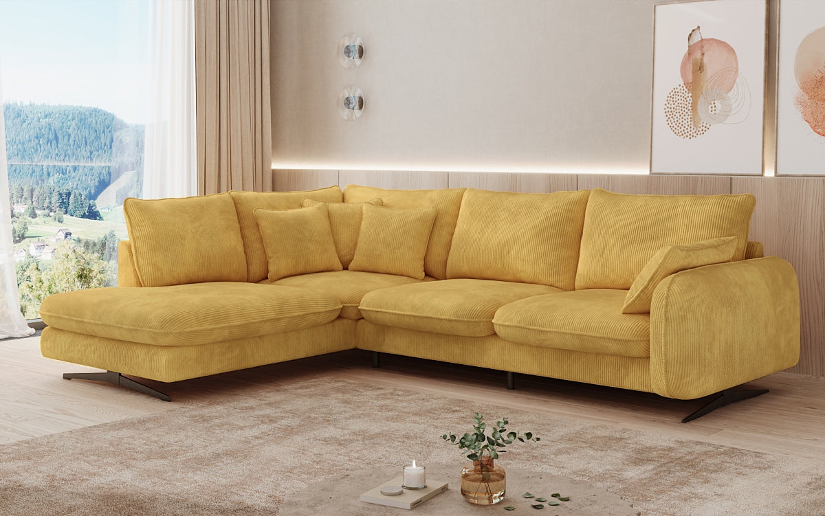 Designer corner sofa Laguna with metal feet in Corduroy