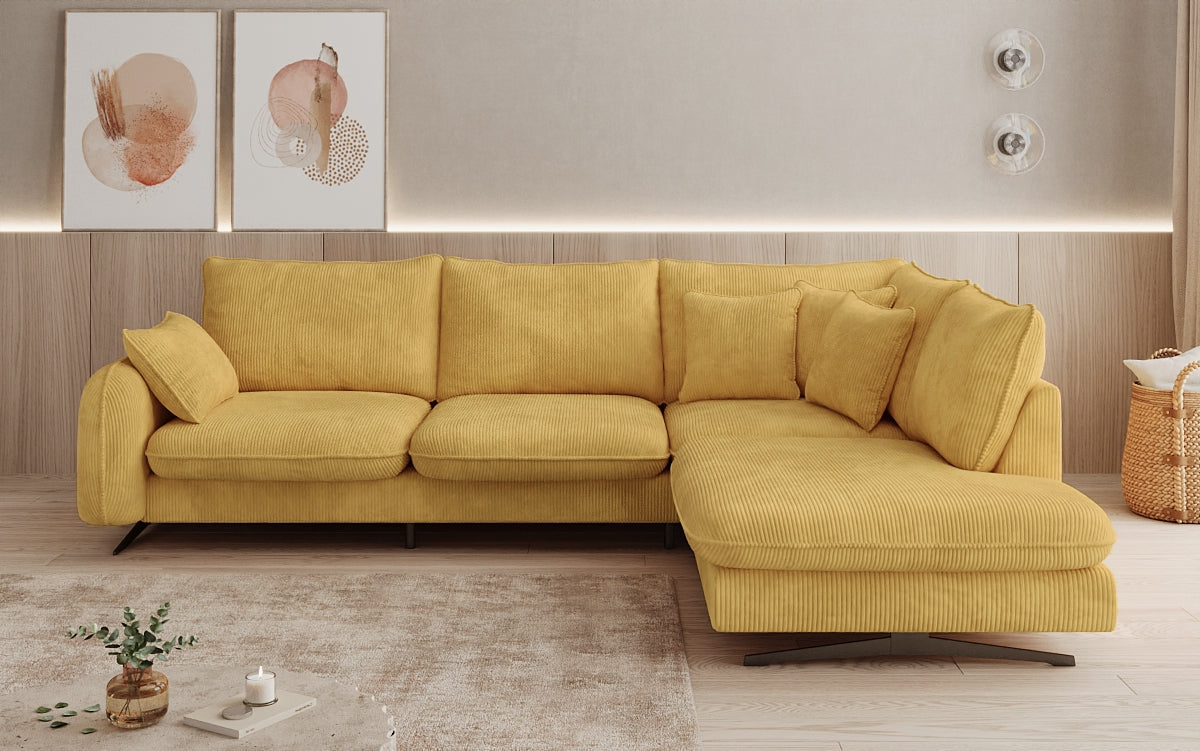 Designer corner sofa Laguna with metal feet in Corduroy