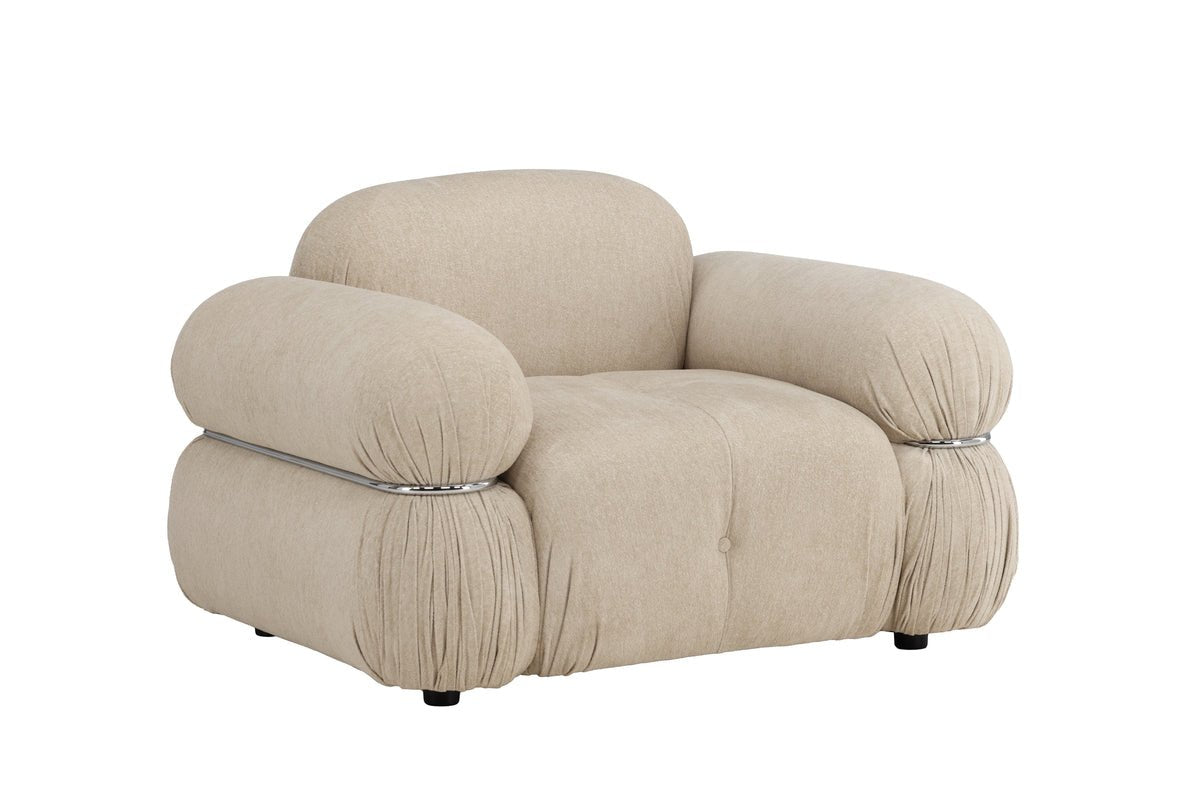 Designer lounge armchair Mika – Beige, velvety upholstery with chrome details