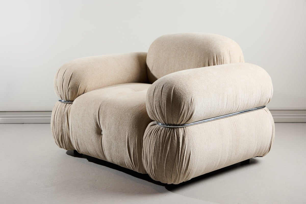 Designer lounge armchair Mika – Beige, velvety upholstery with chrome details