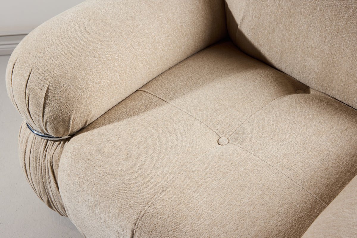 Designer lounge armchair Mika – Beige, velvety upholstery with chrome details