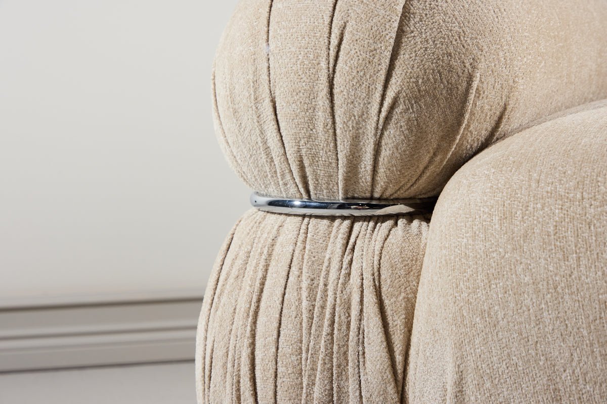 Designer lounge armchair Mika – Beige, velvety upholstery with chrome details