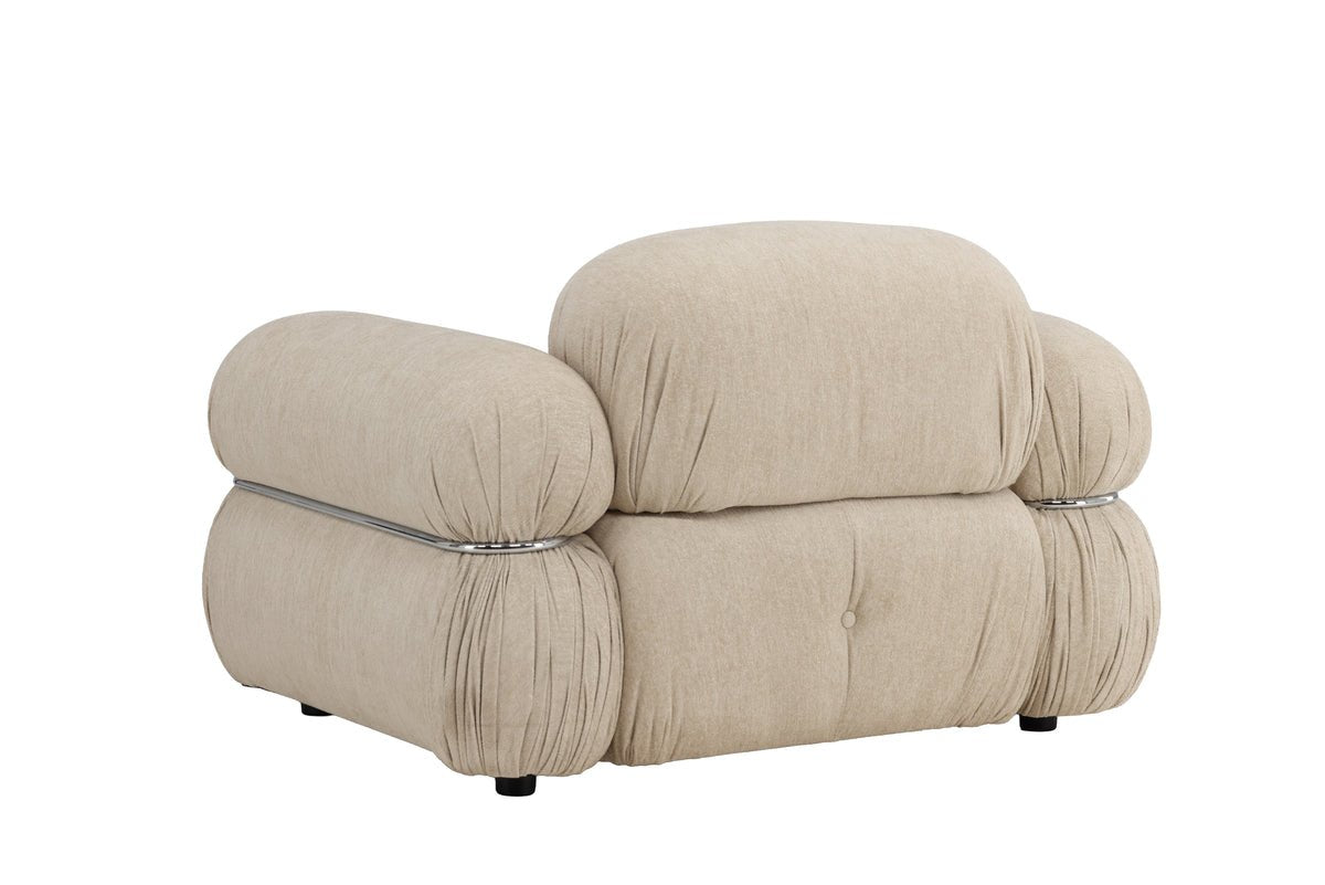 Designer lounge armchair Mika – Beige, velvety upholstery with chrome details