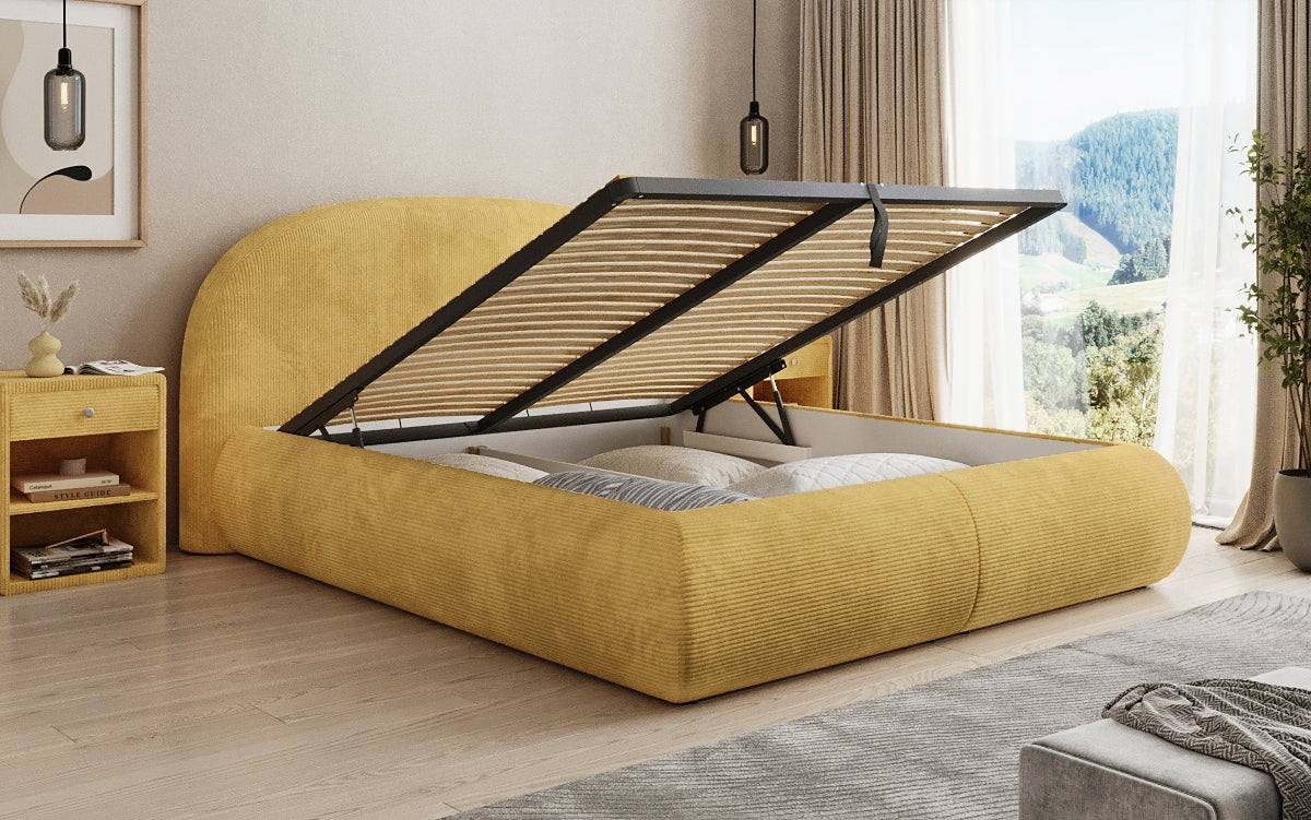 Designer upholstered bed Loop in Corduroy with storage space