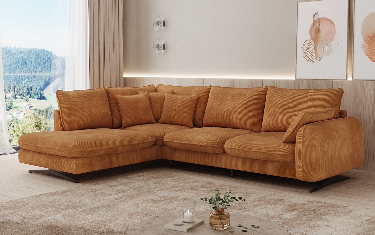 Designer corner sofa Laguna with metal feet in Corduroy