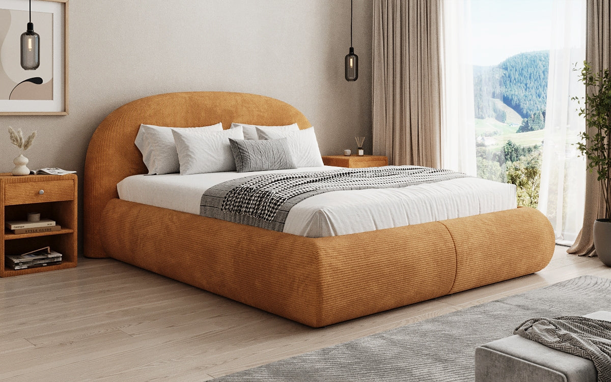 Designer upholstered bed Loop in Corduroy with storage space